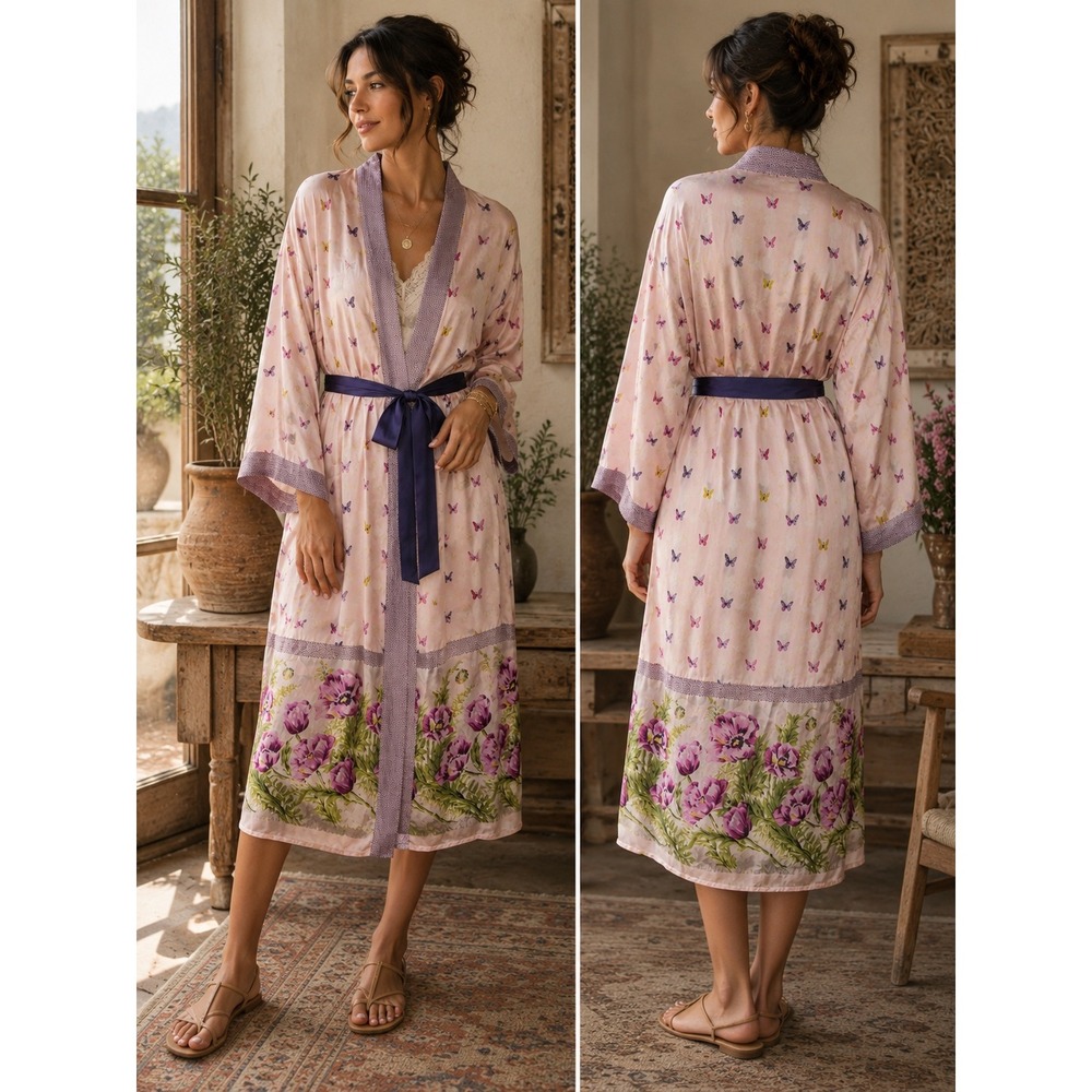 Eloise Silk Butterfly Floral Robe Pink Purple Boho Fairycore Cottagecore Medium